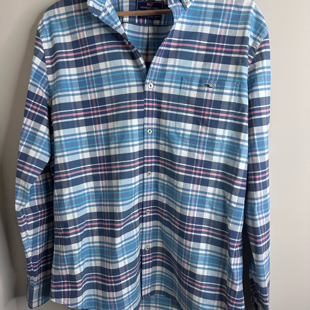 Vineyard Vines Blue and Pink Plaid Slim Fit Shirt